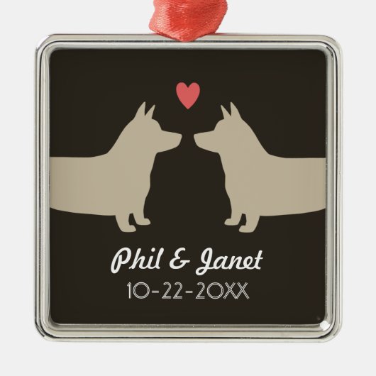 コルギドッグシルエット結婚ラブズカップルカスタム メタルオーナメント (正面)