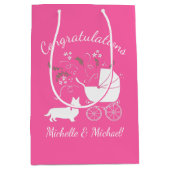 コルギドッグベビーシャワーピンクの女の子 ミディアムペーパーバッグ (正面)