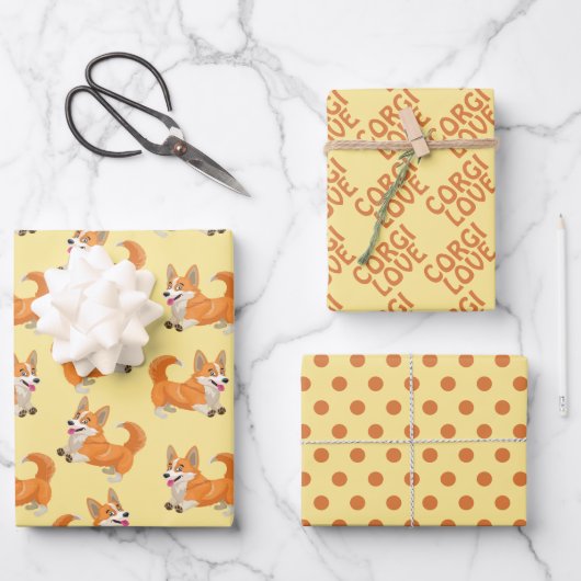 コルギドッグラブラッピング紙セット3 ラッピングペーパーシート (正面)