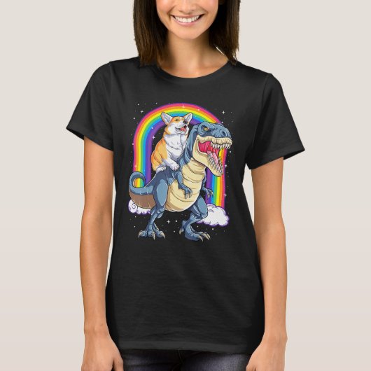 コルギライディング恐竜Tレックスおもしろい宇宙銀河系ライ Tシャツ (正面)