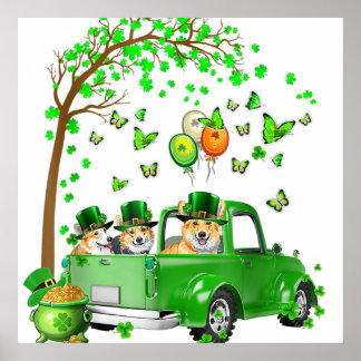 コルギSt patricks dayグリーントラックが木の下 ポスター