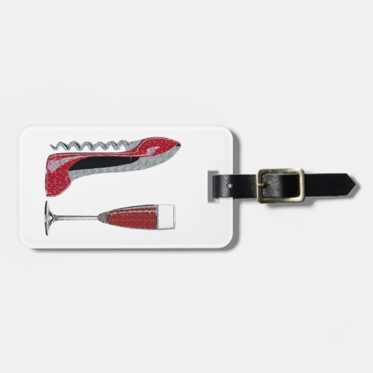 コルクせん抜きの赤い小剣および赤ワインの芸術 ラゲッジタグ (正面横)