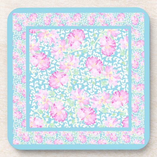 コルクコースターのセット:ピンクのバラ白い蝶 コースター (正面)