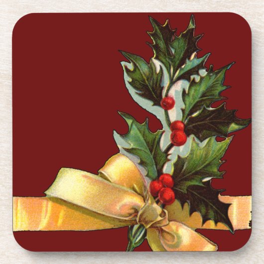 コルクコースターのヴィンテージクリスマスホリーセット コースター (正面)