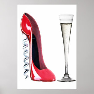コルクスクリュースティレット靴とシャンパンフルートプリント ポスター