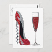 コルクスクリューヒールレッドスティレットとシャンパングラス ポストカード (正面/裏面)
