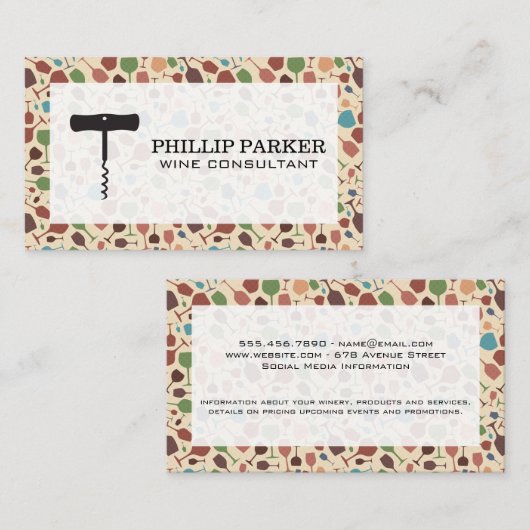 コルクスクリューロゴ |ワイングラスのパターン 名刺 (正面/裏面)