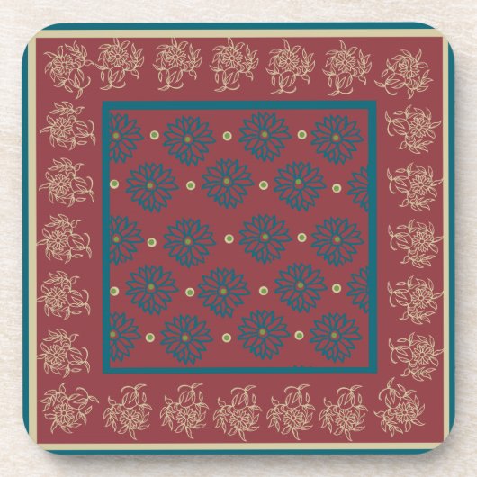 コルクバックコースター、マルーン、ブルーフローラのセット コースター (正面)