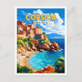 コルシカフランスヴィンテージ旅行イラストレーション ポストカード (正面)