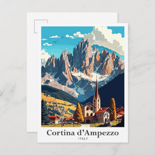 コルチナダンペッツォイタリア旅行イラストレーション ポストカード (正面/裏面)