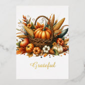 コルヌコピア感謝祭の水の色の収穫の恵み 箔シーズンカード (正面)