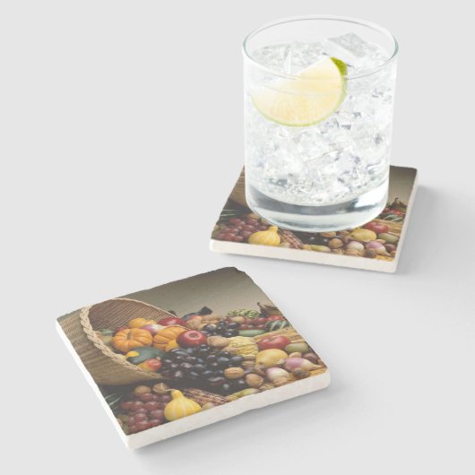 コルヌコピア、豊穣の角、果物と野菜 ストーンコースター (横)