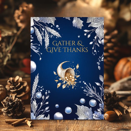 コルヌコピエレガントア&シルバーとブルーサンクスギビング 招待状