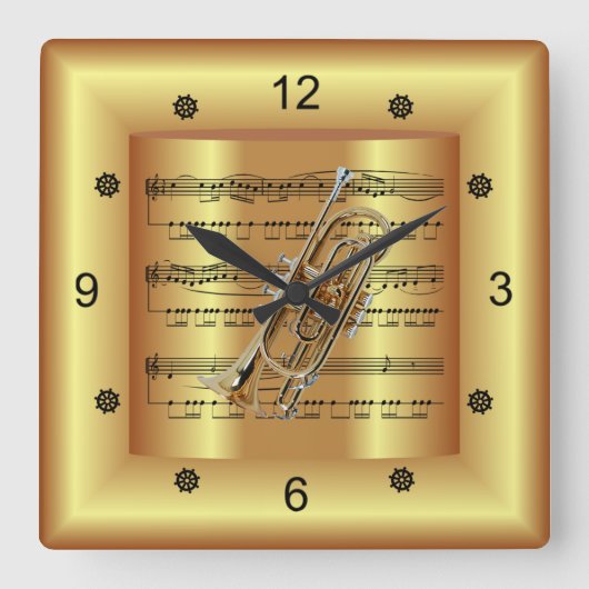 ～コルネット～曲調の楽譜～金ゴールド背景～ スクエア壁時計 (正面)
