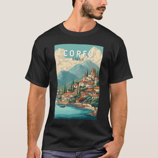 コルフウ ギリシャ イラスト 旅行 アート ヴィンテージ Tシャツ (正面)