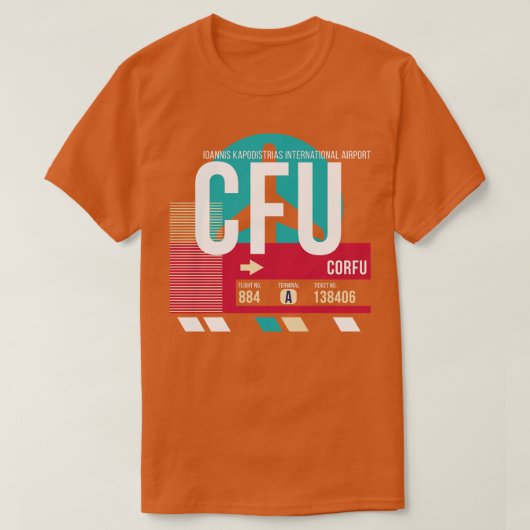 コルフギリシャCFU空港コード手荷物ラベル Tシャツ (デザイン正面)