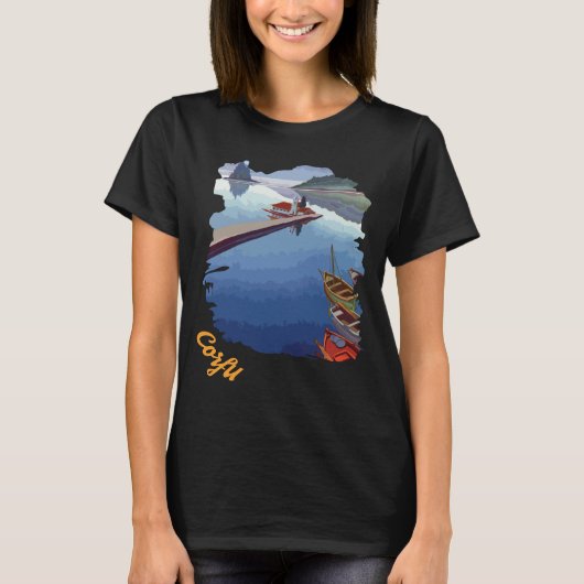 コルフ島ギリシャ海岸ハーバー ブルー トラベル Tシャツ (正面)