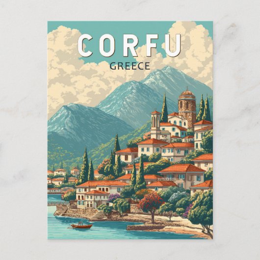 コルフ島 ギリシャ イラスト 旅行 アート ヴィンテージ ポストカード (正面)