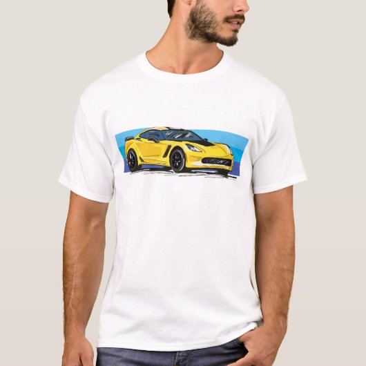コルベットC7イエロースポーツカーとブルーストライプ Tシャツ (正面)