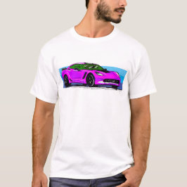 コルベットC7ピンクスポーツカーとブルーストライプ Tシャツ