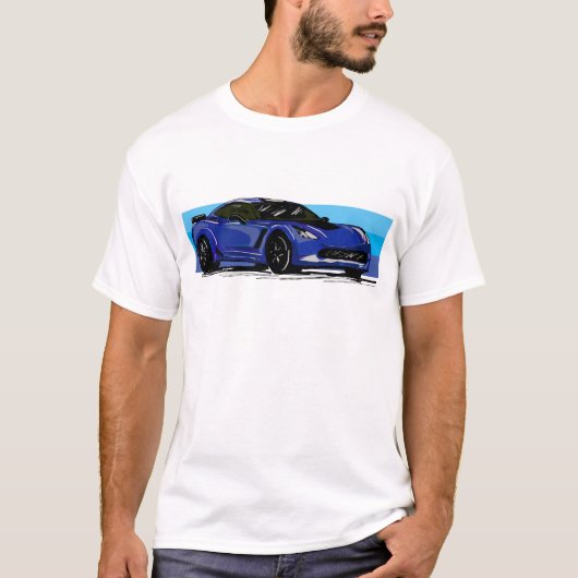 コルベットC7ブルースポーツカーとブルーストライプ Tシャツ (正面)