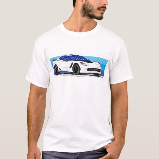 コルベットC7白いスポーツカーとブルーストライプ Tシャツ (正面)