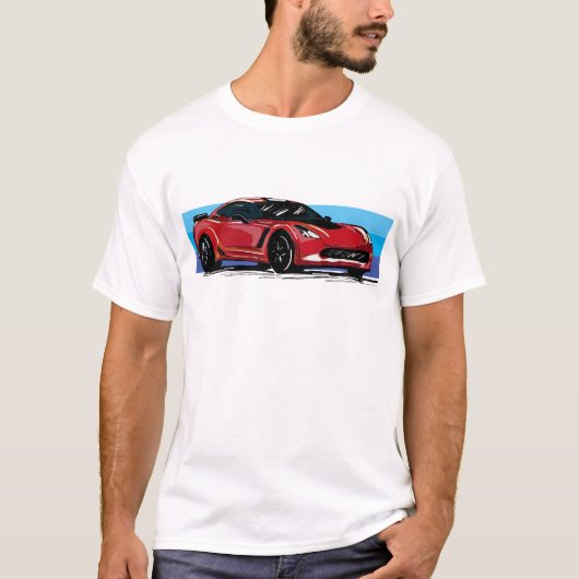 コルベットC7赤いスポーツカーとブルーストライプ Tシャツ (正面)