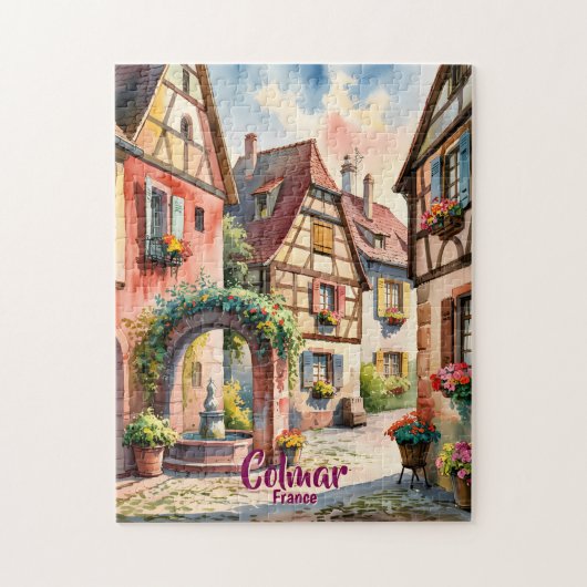 コルマール フランス アルザス 水彩画 旅行 カスタム テキスト ジグソーパズル (縦)