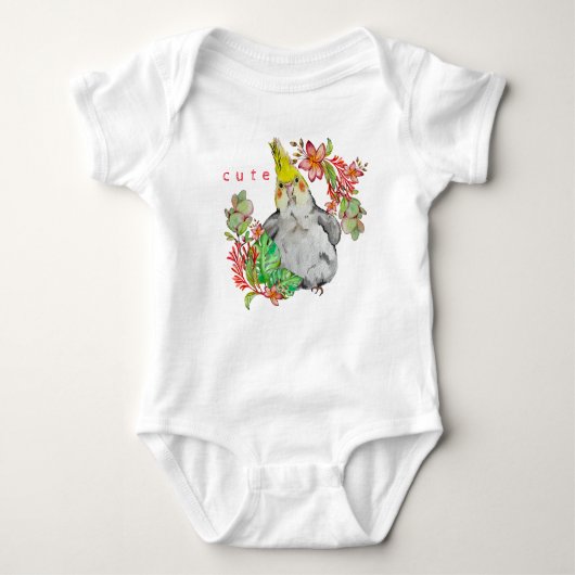 コレラのオウムのおもしろい水色スケッチ ベビーボディスーツ (正面)