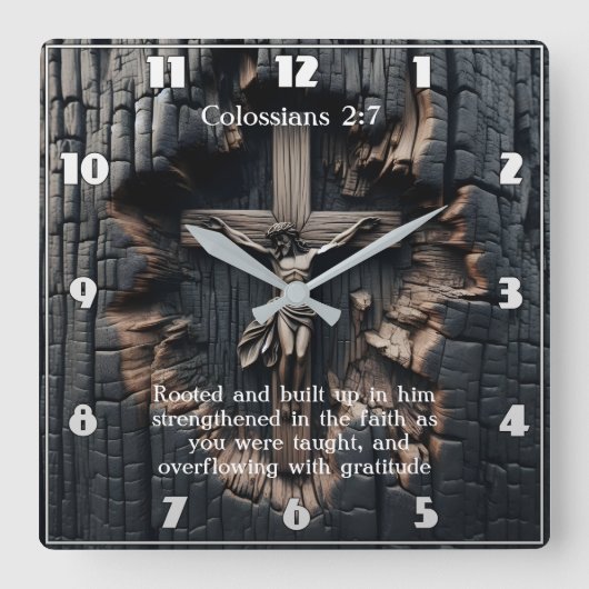 コロサイ2:7信仰に根ざした十字架 スクエア壁時計 (正面)