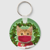 コロナウイルスマスク付きクリスマスキャット キーホルダー (正面)
