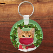 コロナウイルスマスク付きクリスマスキャット キーホルダー (正面)
