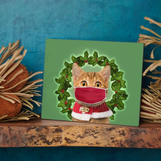 コロナウイルスマスク付きクリスマスキャット フォトプラーク (側面)