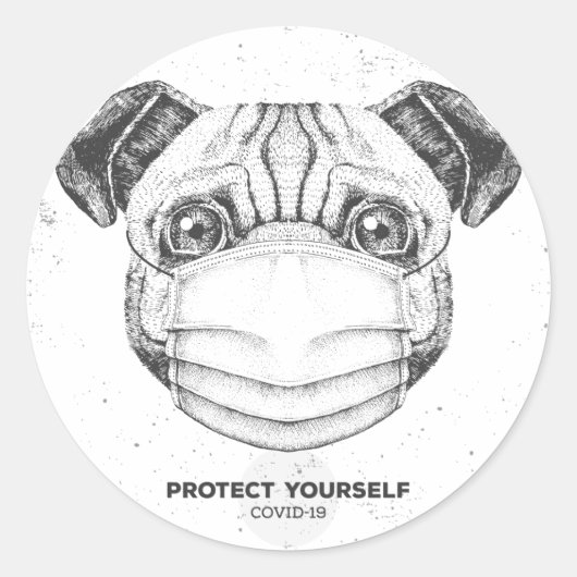 コロナウイルス感染症対策のマスクをしたパグ カスタマイズ可能なステッカー ラウンドシール (正面)