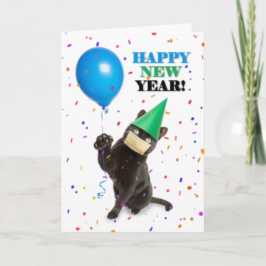コロナ対策のフェイスマスクをした新年の猫のユーモア シーズンカード (正面)