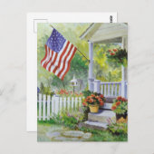コロニアルカントリーホームアメリカンフラッグフロントポーチ ポストカード (正面/裏面)