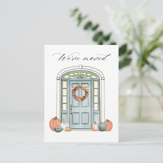コロニアル威厳のあるドアイラストレーション秋移動 案内ポストカード (スタンド正面)