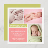 コロブロックフォトコラージュコーラルベビーガール誕生 案内状 (正面/裏面)