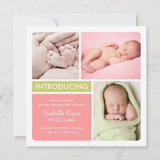 コロブロックフォトコラージュコーラルベビーガール誕生 案内状 (正面)