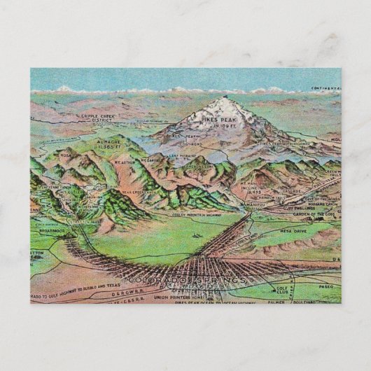 コロラドのパイクスピークの山の地図はがき ポストカード (正面)