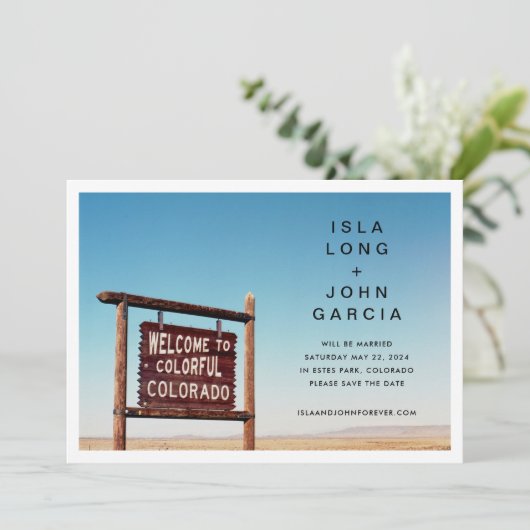 コロラドの結婚式の日付を保存 招待状 (スタンド正面)