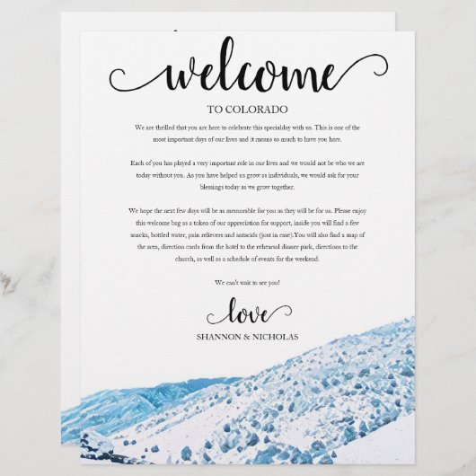 コロラド冬のウェディングウィークエンドウェルカム旅程 (正面/裏面)