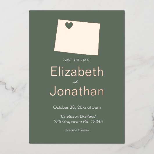 コロラド州のマップ宛先ウェディング日付の保存 箔招待状 (正面)