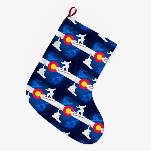 コロラド州の旗のグランジなスノーボーダーの休日のストッキング ラージクリスマスストッキング (正面 (吊り時))