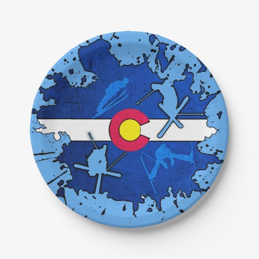 コロラド州の旗のスキー（ばちゃばちゃ）跳ねるの紙皿 ペーパープレート (正面)