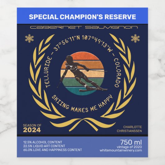 コロラド州スキーテルライド – ウィメンスキーヤー,イエロー文字 ワインラベル (シングルラベル)