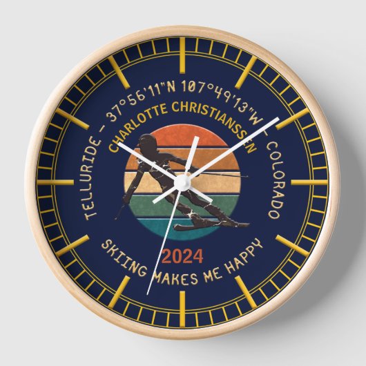 コロラド州スキーテルライド – ウィメンスキーヤー,イエロー文字 壁時計 (正面)
