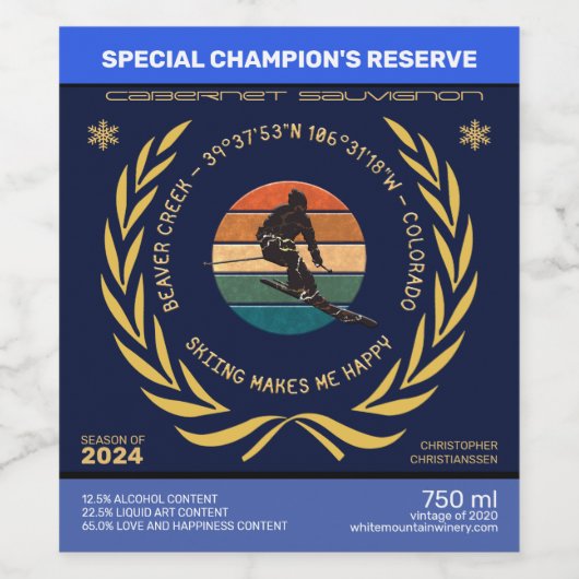 コロラド州スキービーバークリーク – マンスキーヤーイエロー文字 ワインラベル (シングルラベル)