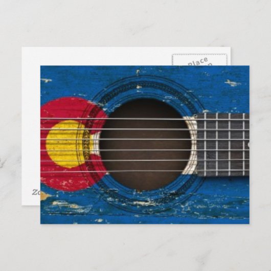 コロラド州旗とオールドアコースティックギター ポストカード (正面/裏面)