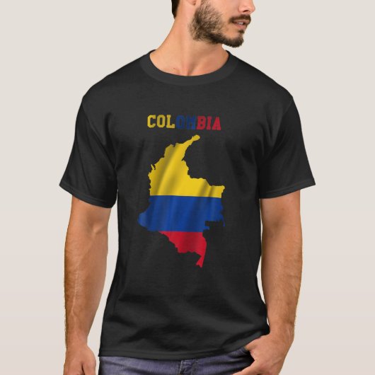 コロンビアの地図の中の波状コロンビア国旗 Tシャツ (正面)